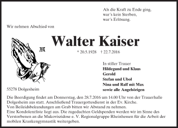 Traueranzeige von Walter Kaiser von Trauerportal Rhein Main Presse