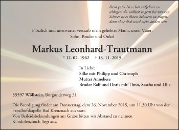 Traueranzeige von Markus Leonhard-Trautmann von  Allg. Zeitung Bad Kreuznach