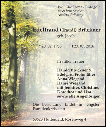 Traueranzeige von Edeltraud Brückner von Trauerportal Echo Online