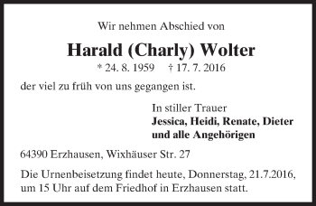 Traueranzeige von Harald Wolter von Trauerportal Echo Online