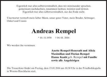 Traueranzeige von Andreas Rempel von  Wormser Zeitung