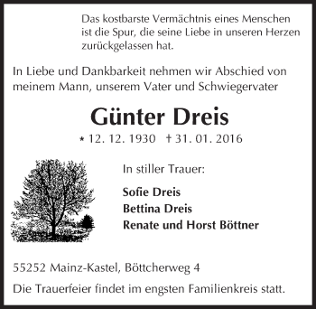 Traueranzeige von Günter Dreis von  Allgemeine Zeitung Mainz