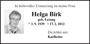 Traueranzeige von Helga Birk von  Wiesbaden komplett