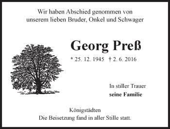 Traueranzeige von Georg Preß von Trauerportal Echo Online