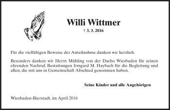 Traueranzeige von Willi Wittmer von  Wiesbaden komplett