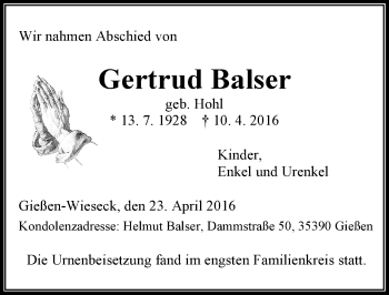 Traueranzeige von Gertrud Balser von  Gießener Anzeiger