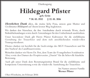 Traueranzeige von Hildegard Pfister von  Allgemeine Zeitung Alzey