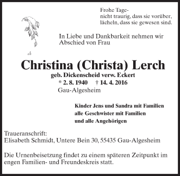 Traueranzeige von Christina Lerch von  Allgemeine  Zeitung Ingelheim-Bingen