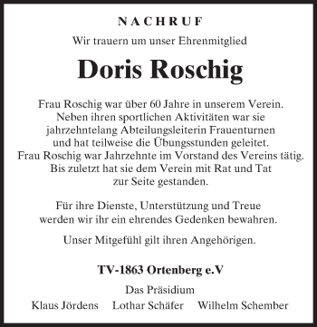 Traueranzeige von Doris Roschig von  Kreisanzeiger
