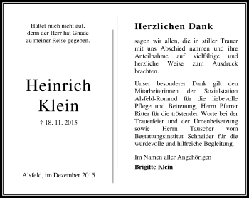 Traueranzeige von Heinrich Klein von VRM Trauer
