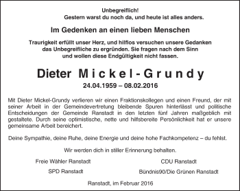 Traueranzeige von Dieter Mickel-Grundy von  Kreisanzeiger