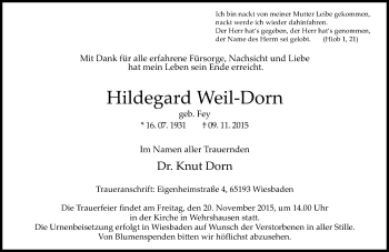 Traueranzeige von Hildegard Weil-Dorn von  Wiesbaden komplett