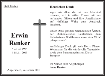 Traueranzeige von Erwin Renker von  OK Oberhessen Kurier