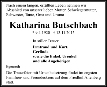 Traueranzeige von Katharina Butschbach von  WK-UTA/Aar-Bote