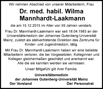 Traueranzeige von Wilma Mannhardt-Laakmann von  Wiesbaden komplett
