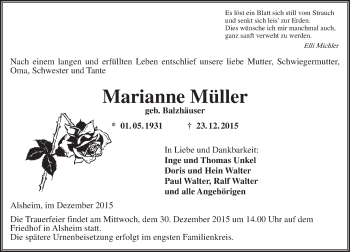 Traueranzeige von Marianne Müller von  Wormser Zeitung