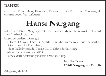 Traueranzeige von Hansi Nargang von Trauerportal Rhein Main Presse