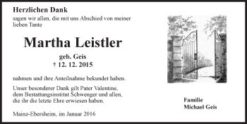 Traueranzeige von Martha Leistler von  Allgemeine Zeitung Mainz