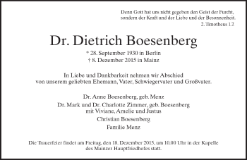 Traueranzeige von Dietrich Boesenberg von  Allgemeine Zeitung Mainz