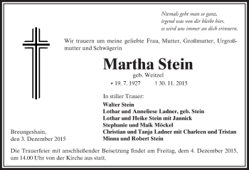 Traueranzeige von Martha Stein von  Kreisanzeiger