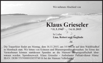 Traueranzeige von Klaus Grieseler von  Allgemeine Zeitung Mainz