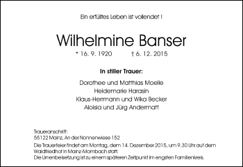 Traueranzeige von Wilhelmine Banser von  Allgemeine Zeitung Mainz