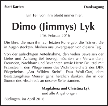 Traueranzeige von Dimo Lyk von  Sonntags Anzeiger