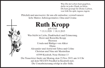 Traueranzeige von Ruth Kropp von  Rheingau