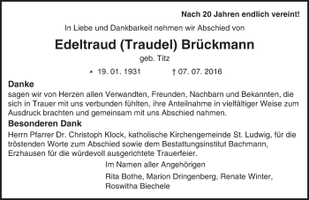 Traueranzeige von Edeltraud Brückmann von Trauerportal Echo Online