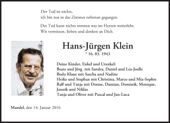 Traueranzeige von Hans-Jürgen Klein von  Allg. Zeitung Bad Kreuznach