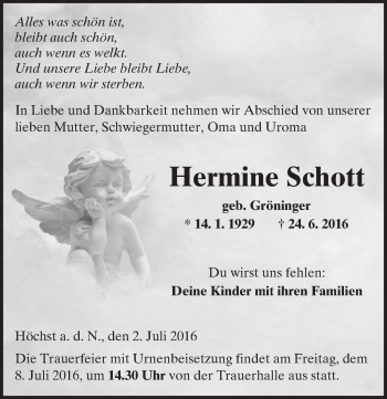Traueranzeige von Hermine Schott von  Kreisanzeiger