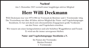 Traueranzeige von Willi Deckmann von  Kreisanzeiger