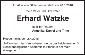 Traueranzeige von Erhard Watzke von Trauerportal Echo Online