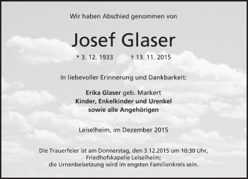 Traueranzeige von Josef Glaser von  Wormser Zeitung