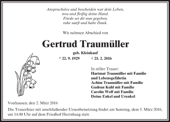 Traueranzeige von Gertrud Traumüller von  Kreisanzeiger