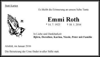 Traueranzeige von Emmi Roth von VRM Trauer