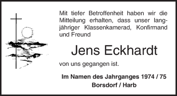 Traueranzeige von Jens Eckhardt von  Kreisanzeiger