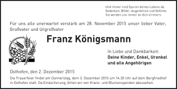 Traueranzeige von Franz Königsmann von  Wormser Zeitung