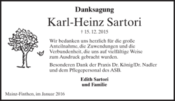 Traueranzeige von Karl-Heinz Sartori von  Allgemeine Zeitung Mainz