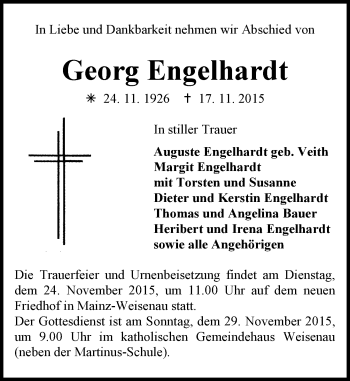 Traueranzeige von Georg Engelhardt von  Allgemeine Zeitung Mainz