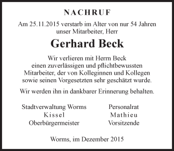 Traueranzeige von Gerhard Beck von  Wormser Zeitung