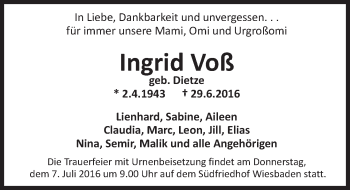 Traueranzeige von Ingrid Voß von Trauerportal Rhein Main Presse