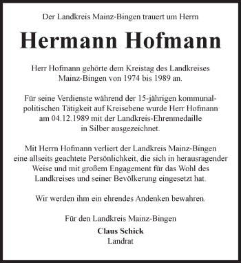 Traueranzeige von Hermann Hofmann von trauer.rmp.de