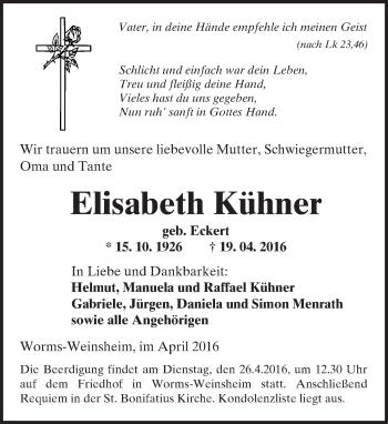 Traueranzeige von Elisabeth Kühner von  Wormser Zeitung