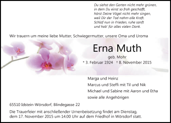 Traueranzeige von Erna Muth von  Idsteiner Zeitung