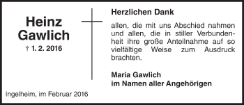 Traueranzeige von Heinz Gawlich von  Allgemeine  Zeitung Ingelheim-Bingen