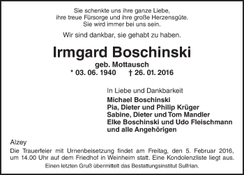 Traueranzeige von Irmgard Boschinski von  Allgemeine Zeitung Alzey