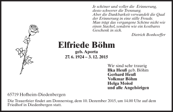 Traueranzeige von Elfriede Böhm von  Hofheimer Zeitung