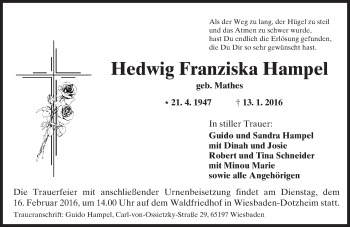 Traueranzeige von Hedwig Franziska Hampel von  Wiesbaden komplett