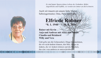 Traueranzeige von Elfriede Rubner von  Gelnhäuser Tageblatt